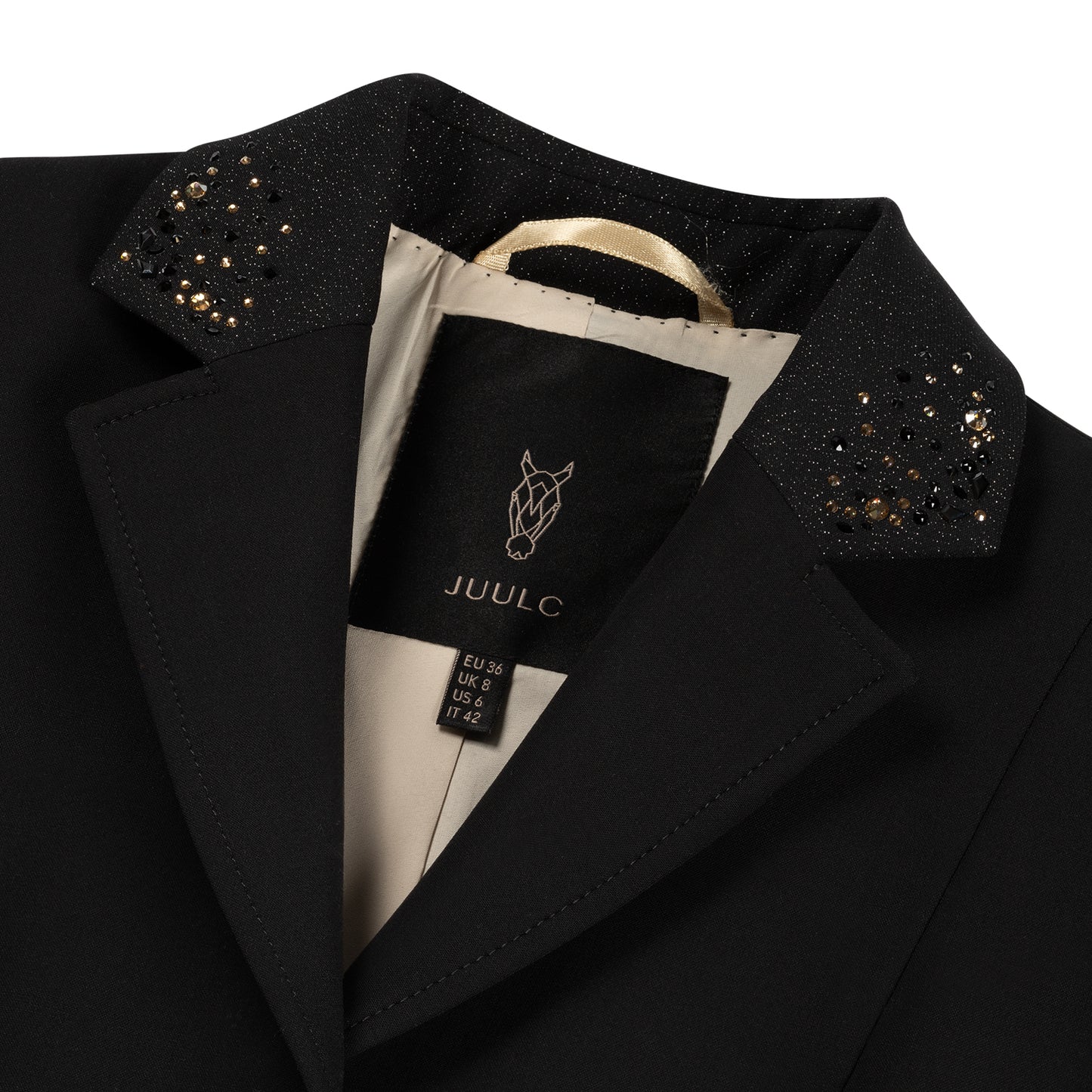 Detail of the collar of JuulC Women's Competition Jacket in Black Stardust, with black glitter fabric and champagne Swarovski crystals