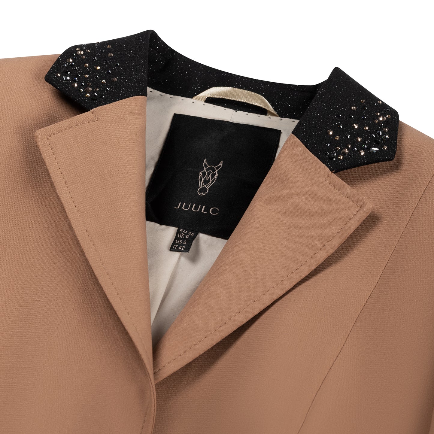 Detail of the black collar of JuulC Women's Competition Jacket in Caramel, with glitter fabric and rosegold Swarovski crystals