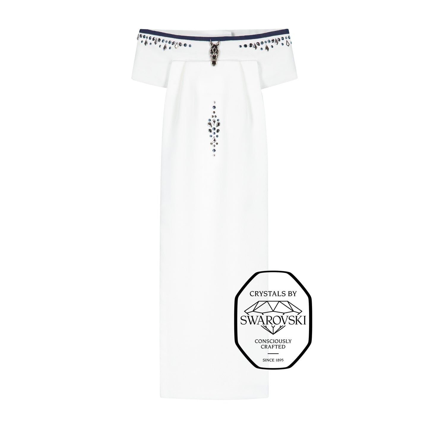 JuulC' Stock-Tie Ocean Silver with navy trim, signature horse head-logo and silver/light blue Swarovski design on the front and along the neck