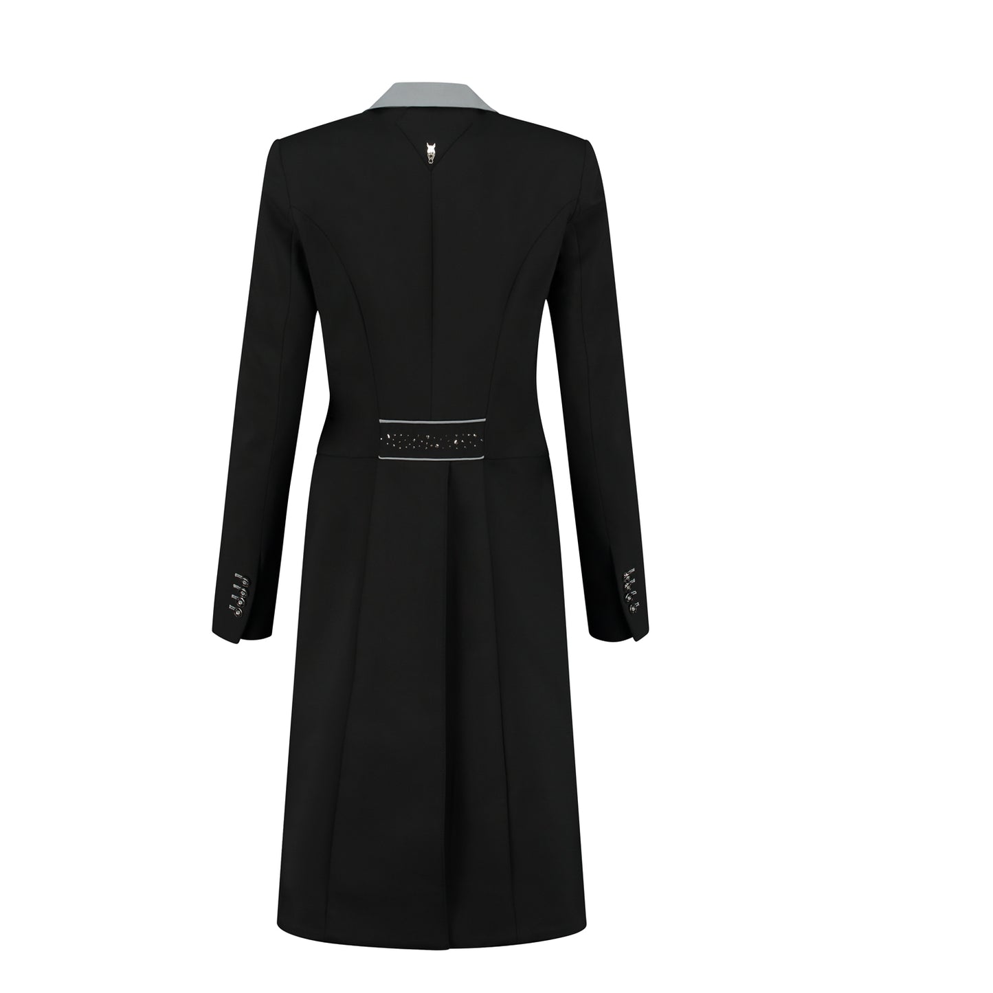 Back of black JuulC Ladies' dressage tailcoat with light grey accents and Swarovski design on the back strap