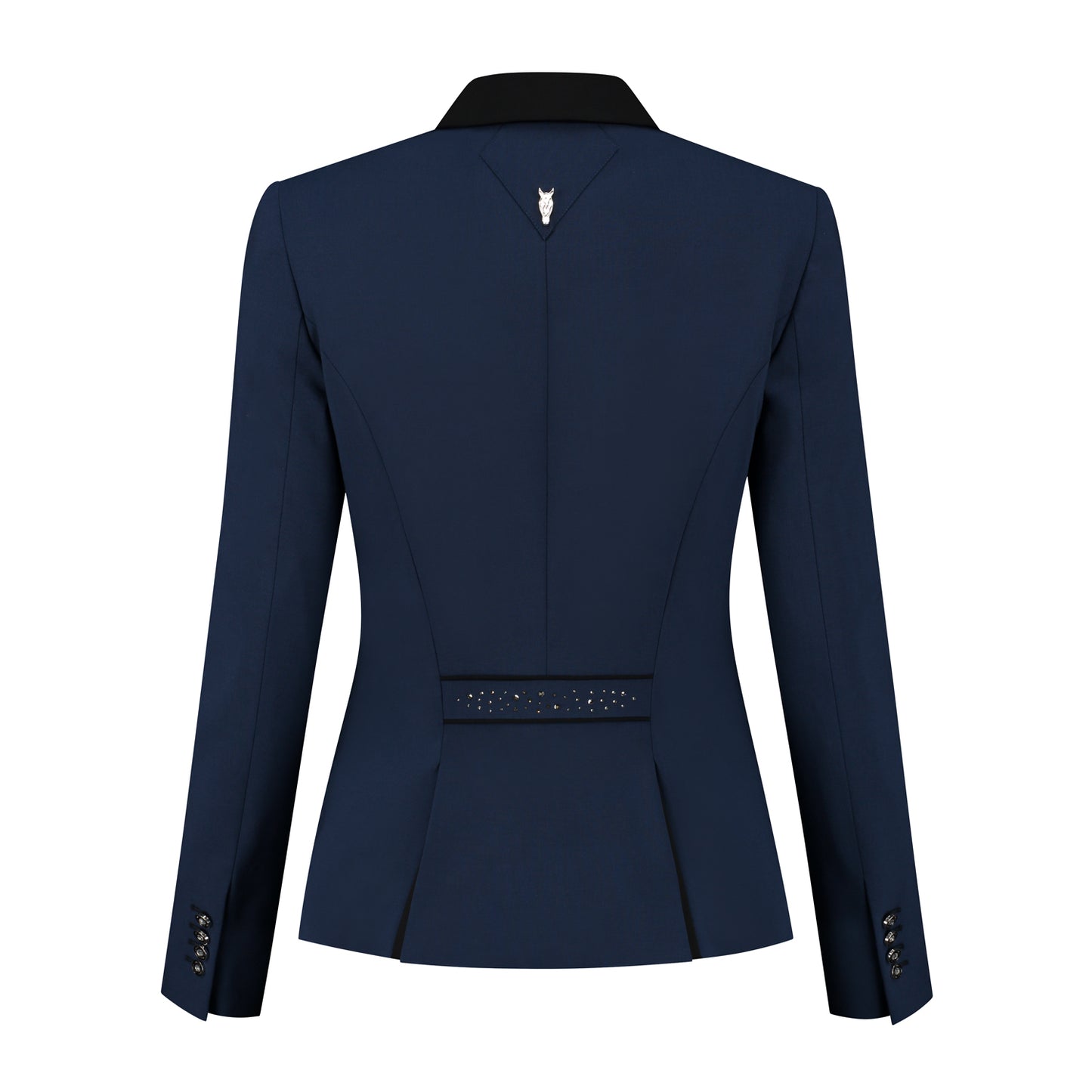 Back of navy JuulC Ladies' show coat I Royal Blue with black contrasts and Swarovski design on the back strap