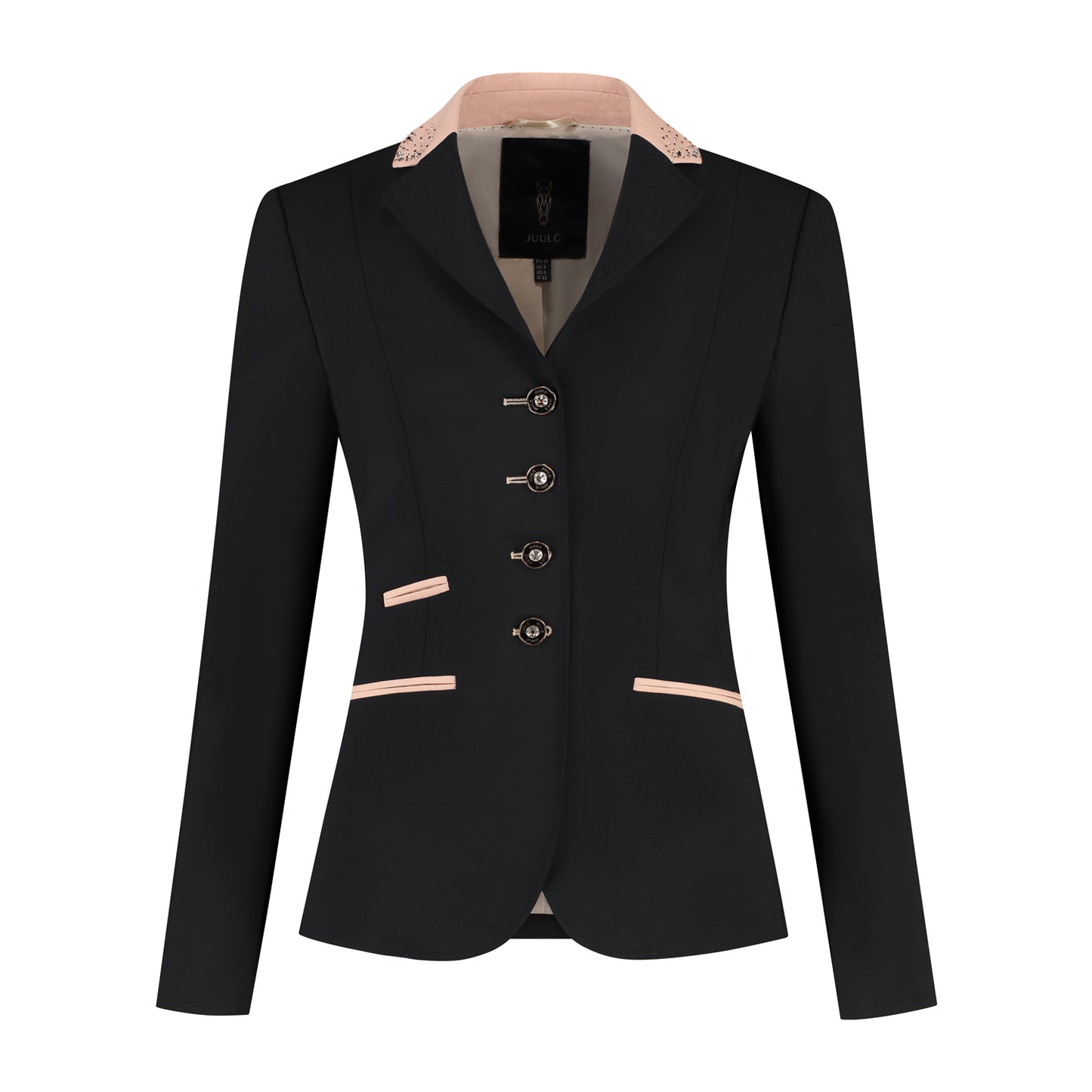 Front of JuulC Women's Competition Show Jacket in Black Shimmer with Pink Glitter Fabric accents and Rose Gold Swarovski details