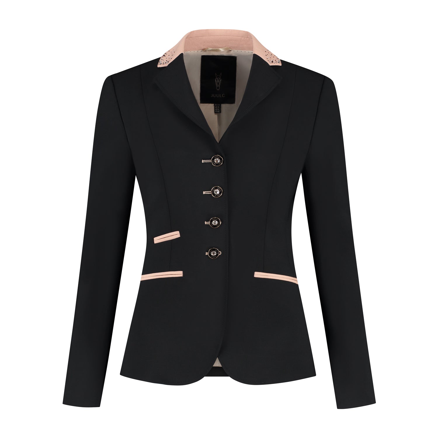 Front of JuulC Women's Competition Show Jacket in Black Shimmer with Pink Glitter Fabric accents and Rose Gold Swarovski details