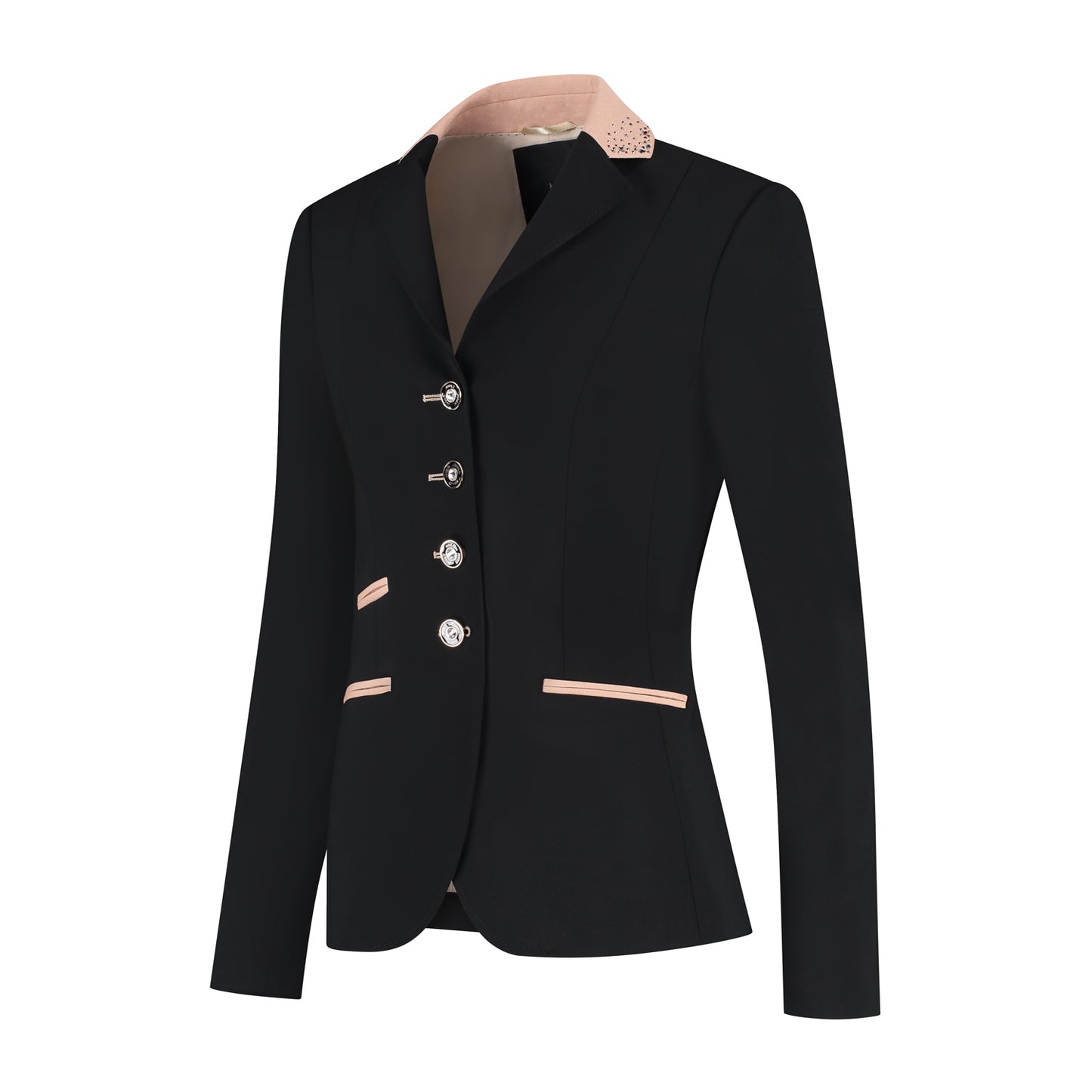 Side of black JuulC Women's Competition Jacket with pink glitter fabric and Swarovski details 