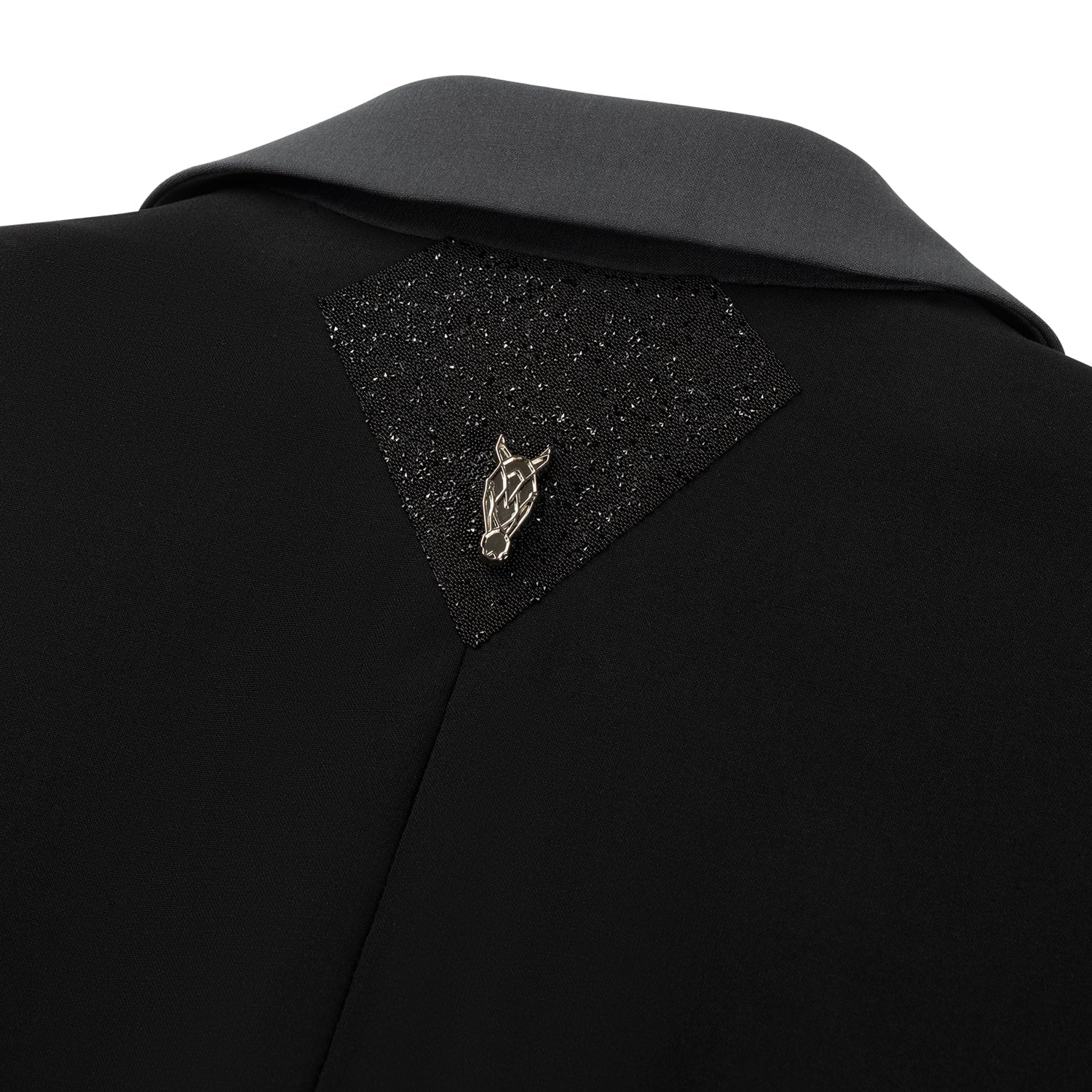 Detail of the back top of JuulC Women's Competition Jacket in Black Diamond, with Swarovski fabric diamond-patch and anthracite grey collar