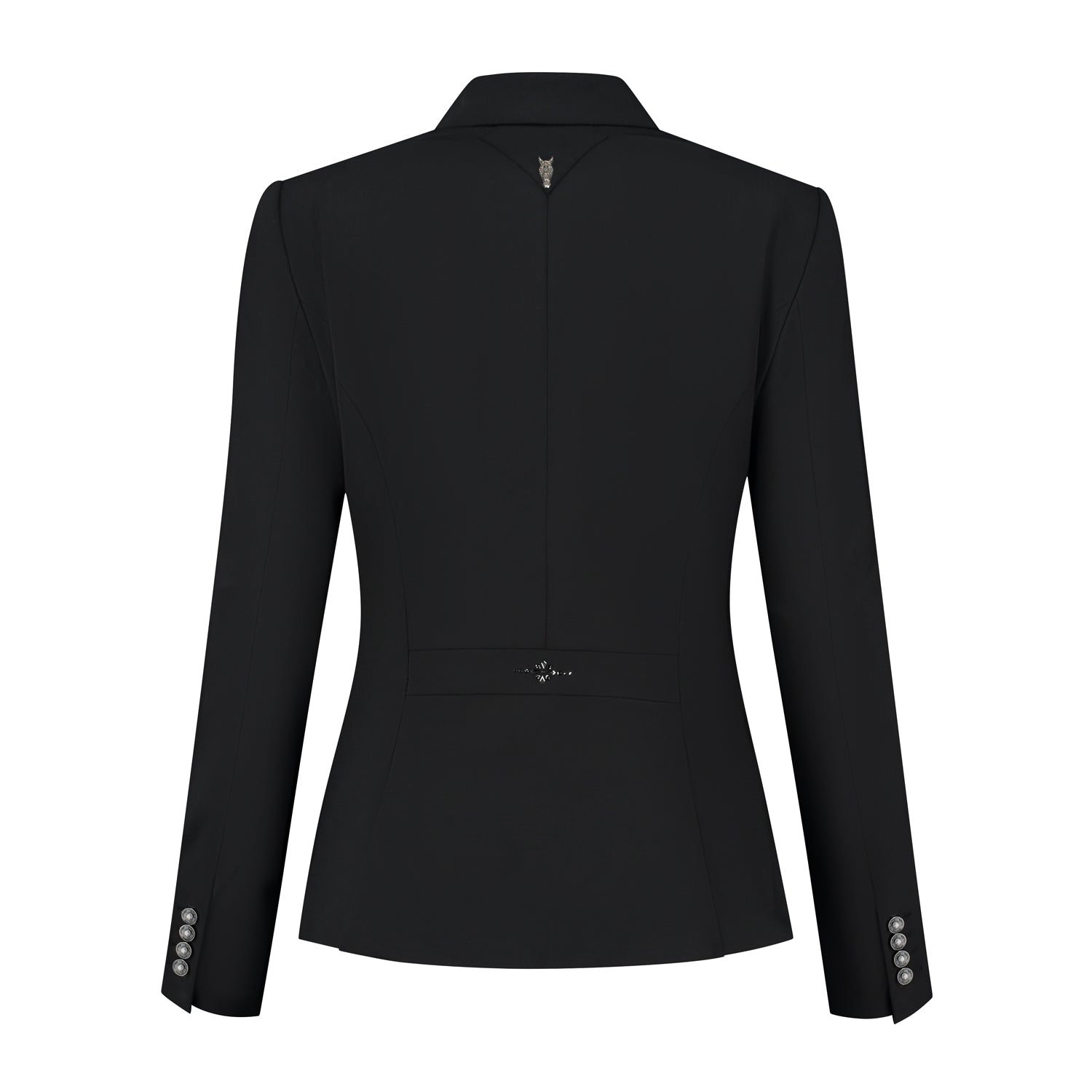 Back of black JuulC Ladies' show coat with black contrasts and Swarovski design on the back strap