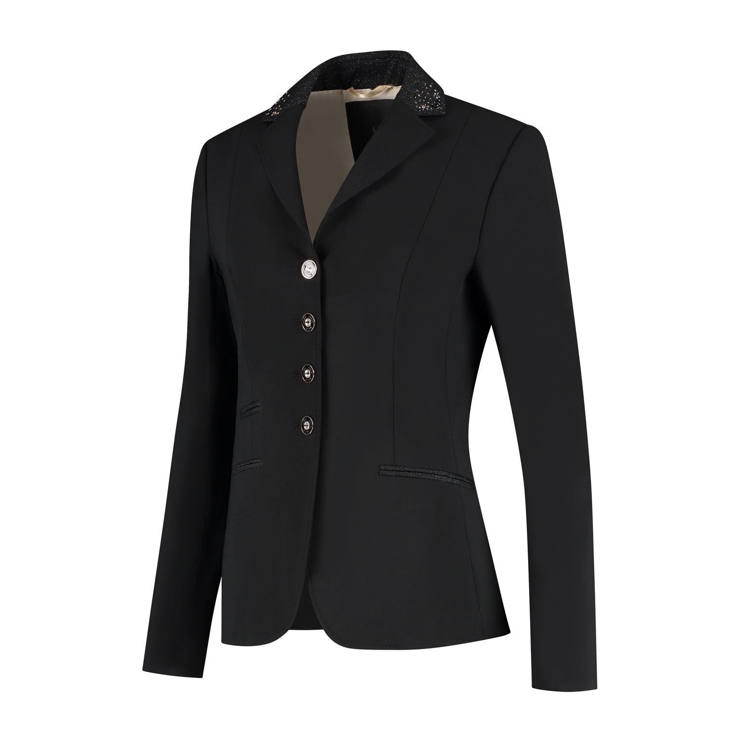 Side of JuulC Ladies' Show Coat in Black Stardust with tone-on-tone glitter accents and details