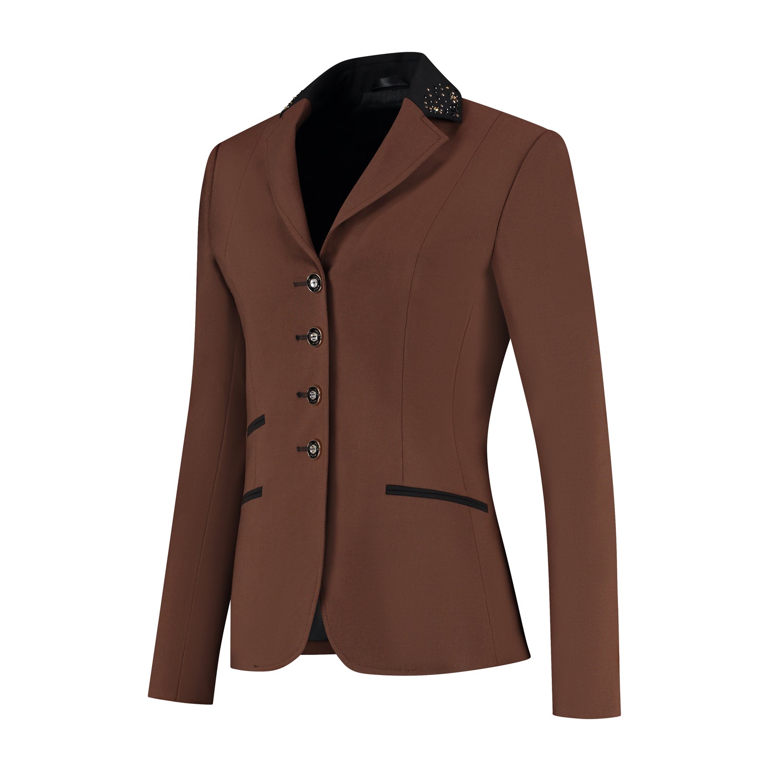 Side of brown JuulC Women's Show Coat in Golden Espresso with black details and champagne Swarovski crystals