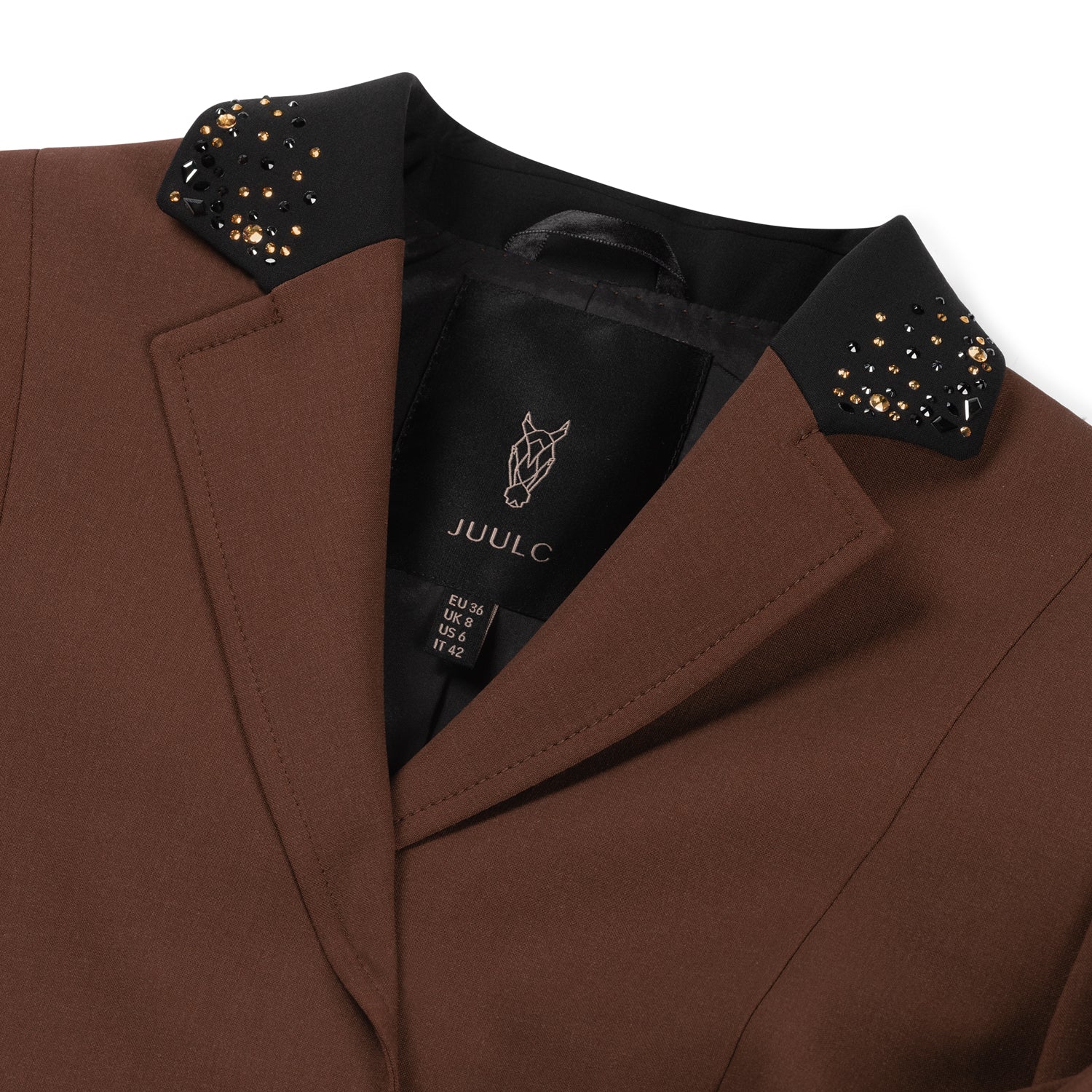 Detail from black collar of JuulC' Golden Espresso Ladies' Competition Jacket in brown embellished with champagne Swarovski crystals
