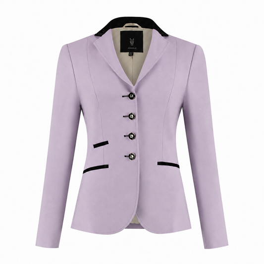 Front of JuulC women's lilac competition jacket with black glitter accents