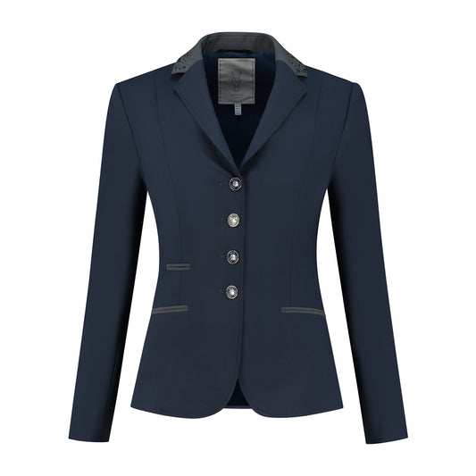 Front of navy JuulC Women's Show Coat with anthracite grey accents and Swarovski crystals