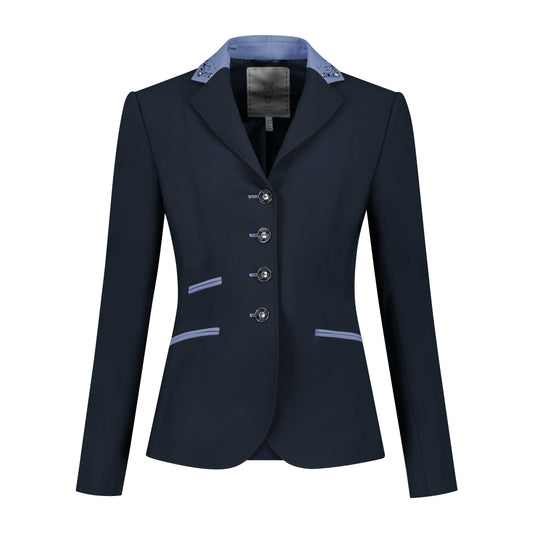 Front of navy JuulC Women's Competition Jacket with light blue accents and Swarovski crystals