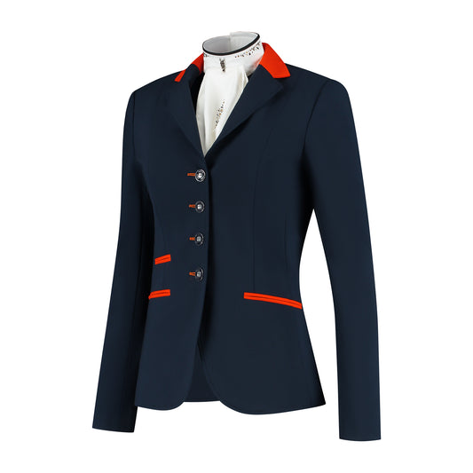 Side of JuulC Ladies' Show Jacket in Navy Orange with contrasting accents and details