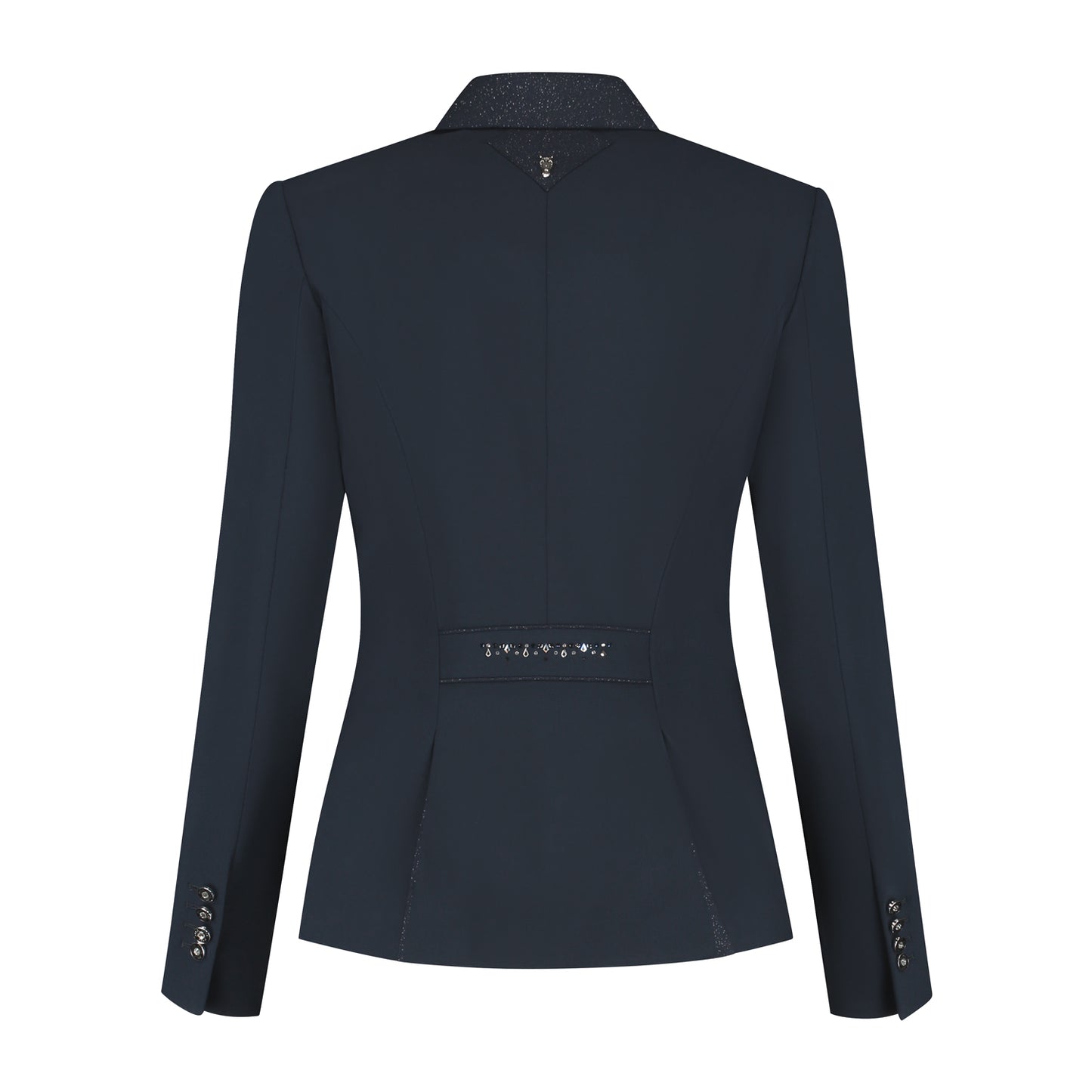 Back of navy JuulC Ladies' show coat with glitter fabric accents and dark blue with silver Swarovski design on the back strap