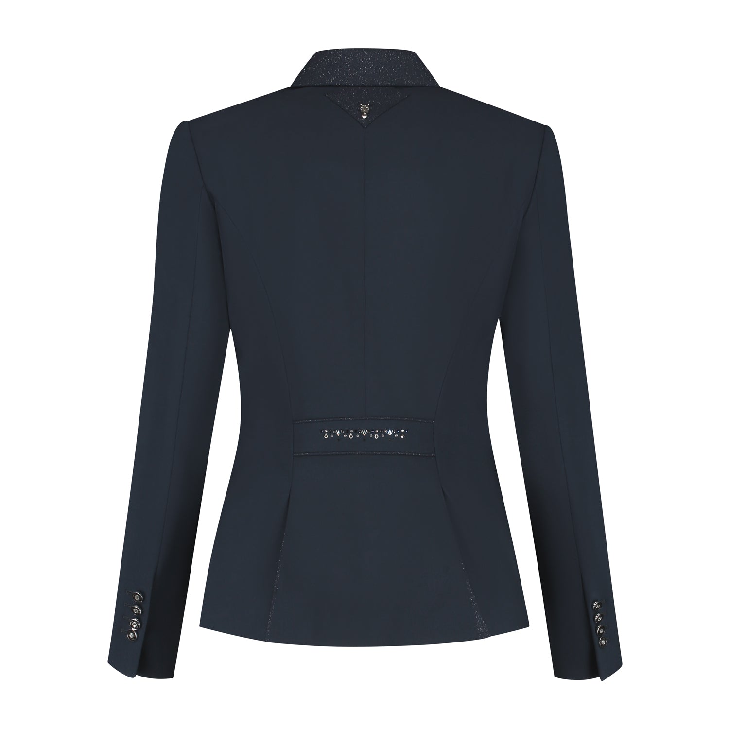 Back of navy JuulC Ladies' show coat with glitter fabric accents and dark blue with silver Swarovski design on the back strap