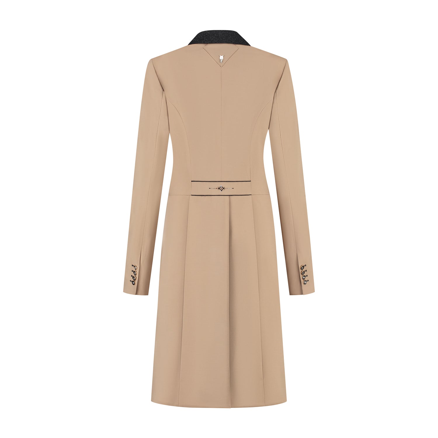Back of light brown JuulC Ladies' dressage tailcoat with black glitter accents and Swarovski design on the back strap