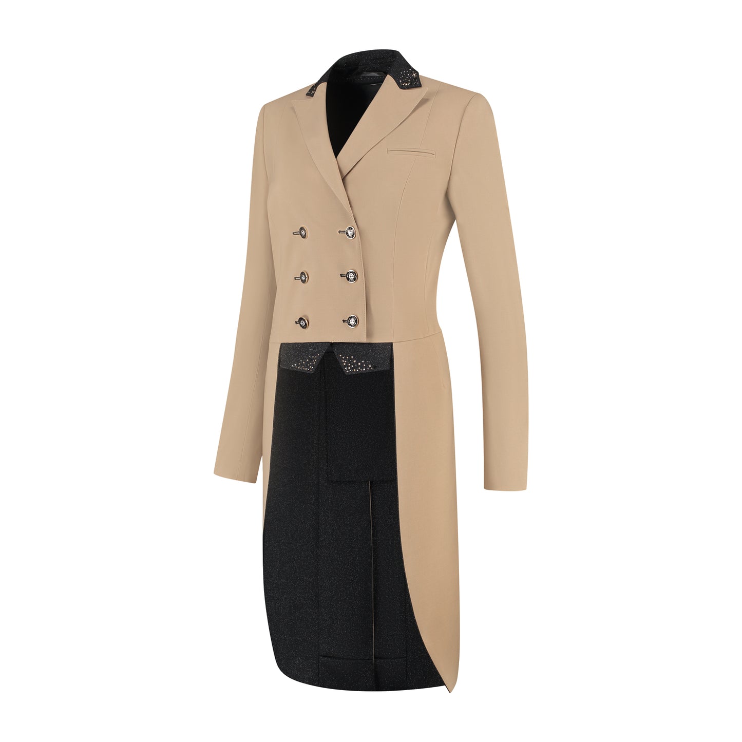 Side of JuulC Ladies' Dressage Tailcoat in Sand Sunset with black glitter contrasts and champagne gold Swarovski details