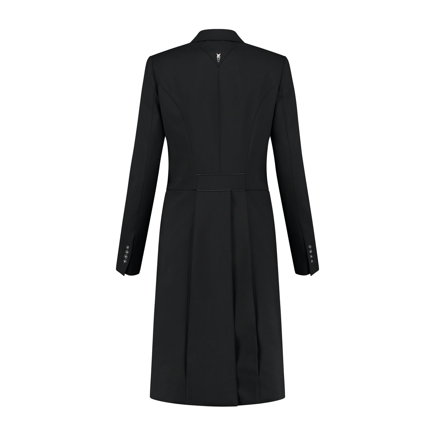 Back of black JuulC Women's dressage tailcoat with black accents and back strap
