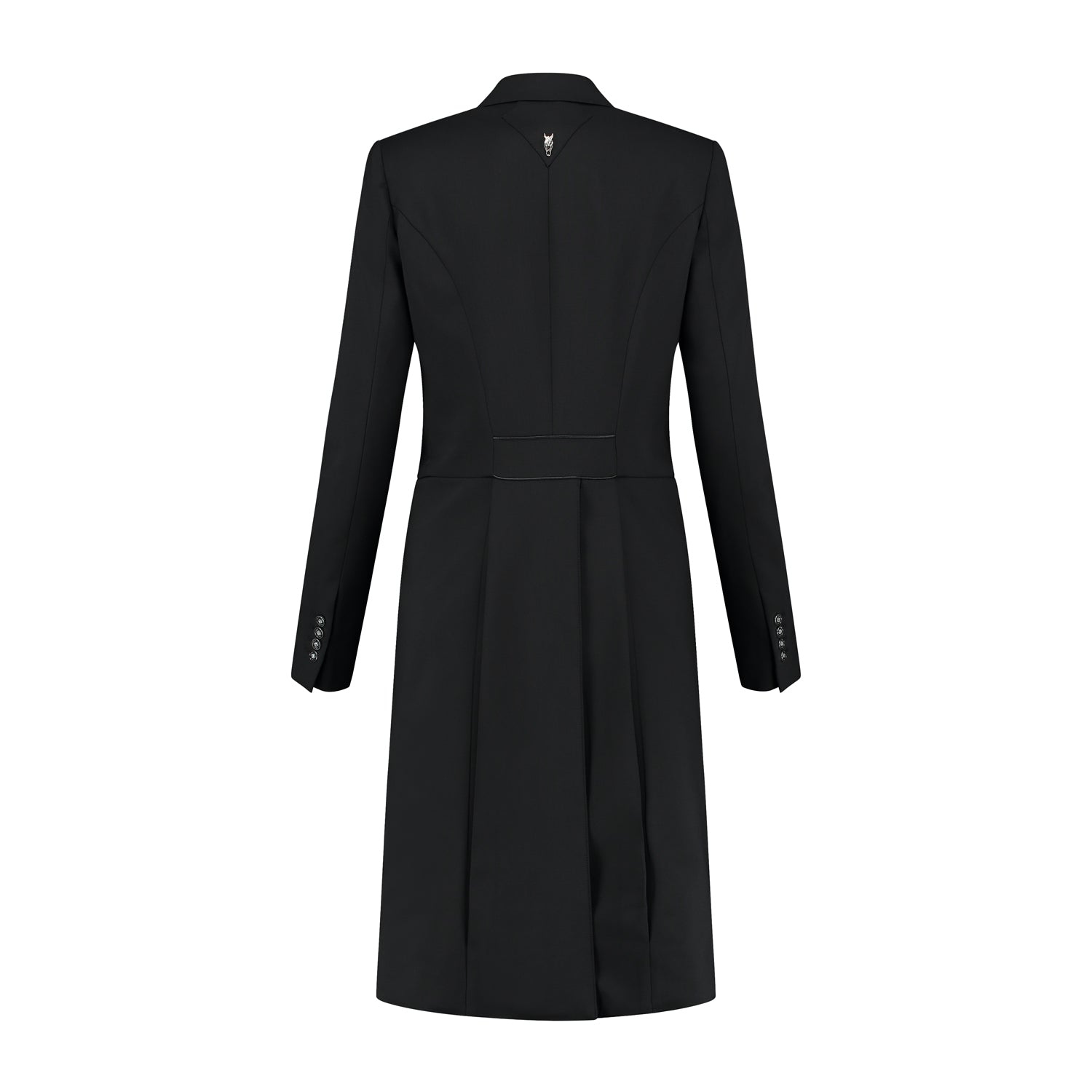 Back of black JuulC Women's dressage tailcoat with black accents and back strap