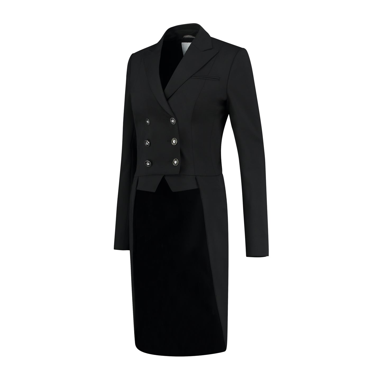 Side of JuulC Ladies' Dressage Frack in Classic Black with tone-on-tone contrasts and details