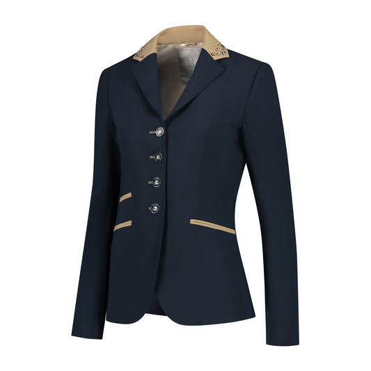 Side of JuulC Ladies' Show Coat in Navy Almond with beige contrasts and Swarovski details