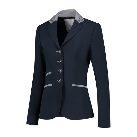 Side of JuulC Ladies' Show Coat in Navy Light Grey with contrasting accents and Swarovski details