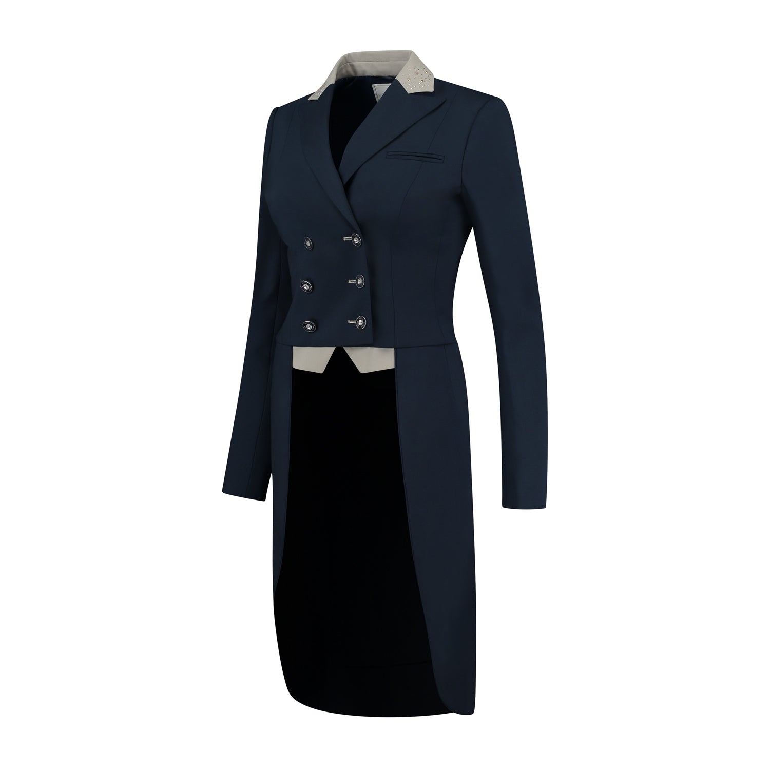 Side of JuulC Ladies' Dressage Tailcoat in Navy Taupe with beige accents and Swarovski details