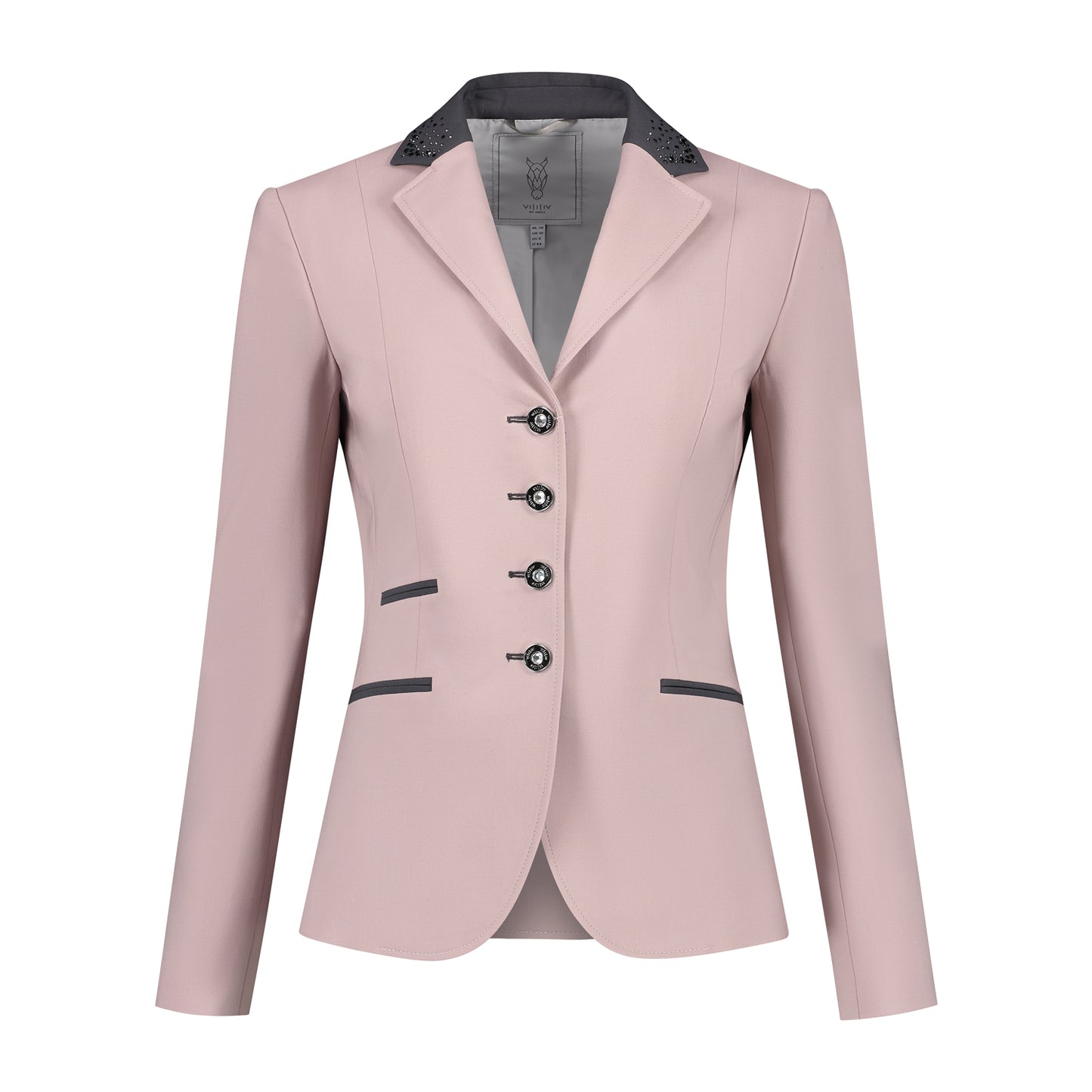 Front of pink JuulC Women's Show Coat with anthracite grey accents and Swarovski crystals