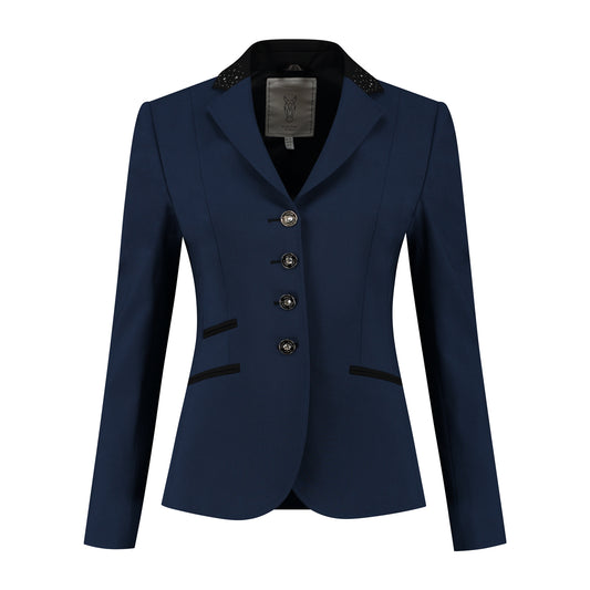 Front of dark blue JuulC Women's Competition Jacket with black accents and Swarovski crystals